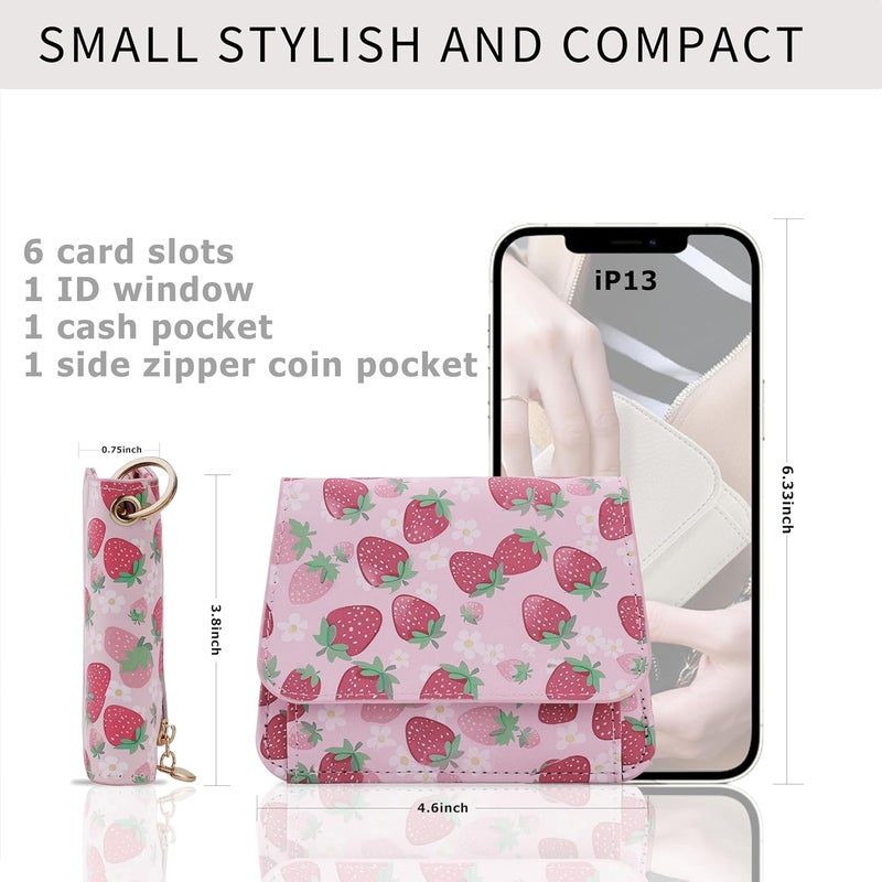 Sunpour Women Small Wallet RFID Blocking Slim Wallet with Coin Pocket Tri-Fold Credit Card Holder with ID Window and Keychain (Strawberry) - Image 2
